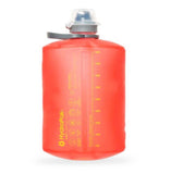 The HydraPak Stow Bottle 500ML is a red collapsible water bottle with measurement markings, a grey cap, and a flexible bail handle for easy carrying.