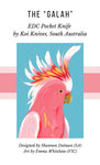 A vibrant illustration featuring a pink and white galah with a striking crest promotes the Koi "Garry" | The Galah EDC Pocket Knife by Koi Knives. Designed by Shannon Dolman with artwork by Emma Whitelaw, this knife is perfect for camping adventures.