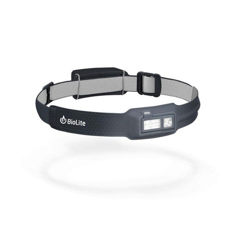 The Biolite 330 No Bounce Rechargeable Headlamp, featuring a black design with 3D SlimFit Construction and an adjustable strap, boasts a rectangular LED light at the front powered by a rechargeable battery.