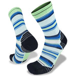 A pair of Wilderness Wear Merino Fusion Light Socks with blue, green, and white striped patterns, black accents on the heels and toes, and elasticated arch support for added comfort.