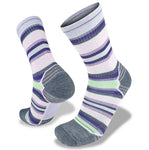 A pair of Wilderness Wear Merino Fusion Light Socks with a striped pattern in shades of purple, green, and white, featuring a gray heel and toe. These cushioned hiking socks from Wilderness Wear also include elasticated arch support for added comfort on long trails.