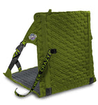 Green portable insulated camping chair with a quilted design, featuring adjustable black straps and a visible Crazy Creek logo patch made of ripstop nylon.