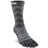 A grey sock with a grey zigzag pattern, made of Injinji Merino wool construction for added comfort.