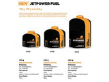 Three different sizes of Jetboil JetPower Fuel canisters displayed with their respective specifications, showcasing the efficiency of their propane/isobutane blend fuel.