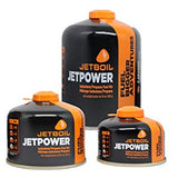 Three sizes of Jetboil JetPower Fuel propane/isobutane blend fuel canisters for portable cooking stoves, designed for efficiency.