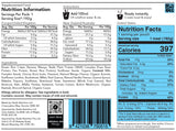 Nutritional information label displaying serving size, energy content, and dietary nutrients for Radix Original 400kCal Breakfasts designed for athletes.