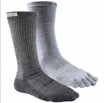 A pair of Injinji Outdoor Hiker & Liner Men's Crew socks with grey toes for a hiking adventure.