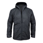 A dark gray, quilted, long-sleeved 3 Peaks Men's Merino Synthesis Hooded Puffer with a front zipper and attached hood, featuring Merino wool insulation and a Durable Water Repellent finish.