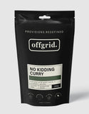 A stand-up pouch of Offgrid No Kidding Curry - Heat & Eat Meal featuring sustainable meat sources from wild goat, with a black design and product information on the label.