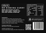 A black and white product label for gluten-free Offgrid No Kidding Curry - Heat & Eat Meal with nutritional information, ingredients list, and company details.