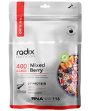A packet of Radix Original 400kCal Breakfasts, a nutritionally complete breakfast meal tailored for an active lifestyle, rich in protein, and gluten-free, with a 116 natural ingredients index rating.
