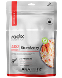 Packaging of Radix Original 400kCal Breakfasts with 21 grams of protein, gluten-free, and a 117 natural ingredients index designed for athletes and an active lifestyle.