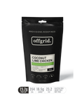 The Outdoor Gourmet Company Coconut Lime Chicken Heat & Eat Meal by outdoor gourmet is a black pouch camping food, featuring kaffir lime flavor, 23.2g protein, 354 cal, 18.5g carbs; it's gluten free, dairy free, and nut free.