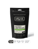 The Outdoor Gourmet Company Coconut Lime Chicken Heat & Eat Meal by outdoor gourmet is a black pouch camping food, featuring kaffir lime flavor, 23.2g protein, 354 cal, 18.5g carbs; it's gluten free, dairy free, and nut free.
