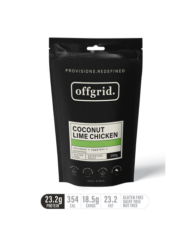 The Outdoor Gourmet Company Coconut Lime Chicken Heat & Eat Meal by outdoor gourmet is a black pouch camping food, featuring kaffir lime flavor, 23.2g protein, 354 cal, 18.5g carbs; it's gluten free, dairy free, and nut free.