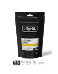 A black pouch labeled "Offgrid Loaded Dahl - Heat & Eat Meal" by Offgrid—a gluten-free lentil dahl with 18.2g plant-based protein, 356 cal, 28.2g carbs, 19g fat per 250g serving.