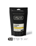A black pouch labeled "Offgrid Loaded Dahl - Heat & Eat Meal" by Offgrid—a gluten-free lentil dahl with 18.2g plant-based protein, 356 cal, 28.2g carbs, 19g fat per 250g serving.