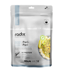 Silver pouch of Radix Ultra 800kCal Meals peri-peri chicken with yellow highlights, displaying 26% protein content and dietary information tailored for high energy density.