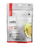 A package of Radix's Radix Original 600 kcal meal with the label displaying protein content and nutrient values, emphasizing its GMO-free and all-natural attributes.