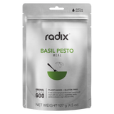 A silver package labeled "Radix Original 600kCal Meals," 127 grams, showcases the freeze-drying process for a plant-based and gluten-free, ready-made meal with water. This Radix product ensures convenience and nutrition in every bite.