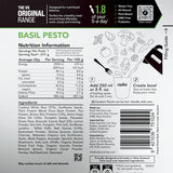 A nutritional information label for Radix Original 600kCal Meals basil pesto, including serving size, nutrition facts per 100g, ingredients list, and preparation directions with illustrations. The packaging is designed for nutritional balance and is perfect as a ready-made meal solution.