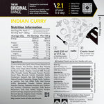 Packaging for a Radix Original 600kCal Meal, a ready-made Indian curry from the Radix brand, featuring nutritional information, ingredients, and preparation instructions. The package emphasizes that it is plant-based, gluten-free, non-GMO and supports sustainable eating.