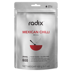 The product features a silver pouch marked "Radix Original 600kCal Meals." This 133g plant-based, gluten-free ready meal showcases an illustration of a red bowl with steam and a chili pepper above it. As part of the Radix brand, this Radix Original offering uses freeze-drying technology to preserve its fresh flavor.