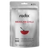 The product features a silver pouch marked "Radix Original 600kCal Meals." This 133g plant-based, gluten-free ready meal showcases an illustration of a red bowl with steam and a chili pepper above it. As part of the Radix brand, this Radix Original offering uses freeze-drying technology to preserve its fresh flavor.