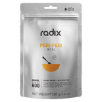 A silver packet labeled "Radix Original 600kCal PERI-PERI MEAL," showcasing it as a plant-based, gluten-free, 130g ready-made meal. The front features a bowl and spoon graphic, highlighting the convenience of freeze-drying.