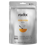 A silver packet labeled "Radix Original 600kCal PERI-PERI MEAL," showcasing it as a plant-based, gluten-free, 130g ready-made meal. The front features a bowl and spoon graphic, highlighting the convenience of freeze-drying.