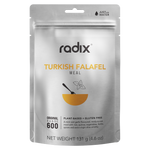 A silver packet labeled "Radix Original 600kCal Meals" from the brand Radix features a yellow bowl graphic. This 131g, plant-based, and gluten-free meal is ready-to-eat and boasts a hint of mint and garlic. The freeze-drying process ensures optimal freshness.