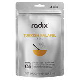 A silver packet labeled "Radix Original 600kCal Meals" from the brand Radix features a yellow bowl graphic. This 131g, plant-based, and gluten-free meal is ready-to-eat and boasts a hint of mint and garlic. The freeze-drying process ensures optimal freshness.