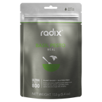 Front view of a silver and green Radix Ultra 800kCal Meals package, indicating it is plant-based, gluten-free, and ready-to-eat with a net weight of 153 g (5.4 oz). Perfect for highly active individuals seeking increased energy.