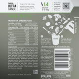 Back of a Radix Ultra 800kCal Meals package showing nutrition information, ingredients, preparation instructions, and a filling guide. The package highlights being plant-based, gluten-free, GMO-free, rich in prebiotics, and ideal for highly active individuals seeking increased energy.