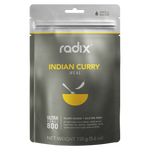 A gray and yellow packet labeled "Radix Ultra 800kCal Meals" with a net weight of 159g (5.6oz). Ideal for highly active individuals, it’s plant-based, gluten-free, and includes vegetables, herbs, spices, and extra virgin olive oil for increased energy.