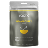 A gray and yellow packet labeled "Radix Ultra 800kCal Meals" with a net weight of 159g (5.6oz). Ideal for highly active individuals, it’s plant-based, gluten-free, and includes vegetables, herbs, spices, and extra virgin olive oil for increased energy.