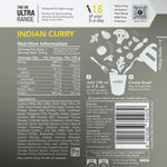 Packaging for the "Radix Ultra 800kCal Meals Indian Curry." Displays nutritional and ingredient information, preparation instructions, and relevant labels including gluten-free, plant-based, made in New Zealand, and formulated for highly active individuals requiring increased energy.