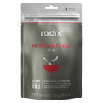 A metallic pouch labeled "Radix Ultra 800kCal Meals". The front displays text: "ULTRA RANGE 800", "plant-based", "gluten-free", and "NET WEIGHT 157 g (5.5 oz)". Ideal for highly active individuals, the image contains a bowl and chili peppers promising increased energy.