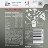 Packaging for "Radix Ultra 800kCal Meals" Mexican Chilli product, designed for highly active individuals. It includes nutrition information, ingredients, preparation instructions, and symbols indicating it is gluten-free, plant-based, GMO-free, and contains prebiotics to support increased energy needs.