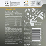 Packaging of a Radix Ultra 800kCal Meal designed for highly active individuals. It includes nutrition information, ingredients list, preparation instructions, and icons indicating gluten-free, plant-based, GMO-free, and prebiotics for increased energy.