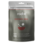 A package of Radix Ultra 800kCal Smokey BBQ Meal, plant-based and gluten-free, weighing 159g (5.6 oz). The front displays it's ready-to-eat with just water. Perfect for highly active individuals seeking increased energy, these Radix meals are convenient and nutritious.