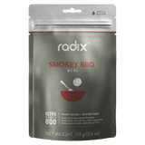 A package of Radix Ultra 800kCal Smokey BBQ Meal, plant-based and gluten-free, weighing 159g (5.6 oz). The front displays it's ready-to-eat with just water. Perfect for highly active individuals seeking increased energy, these Radix meals are convenient and nutritious.