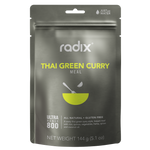 A 144g packet of Radix Ultra 800kCal Meal Thai Green Curry, touted as gluten-free and all-natural. The packaging recommends adding water to prepare this meal, ideal for fueling your vigorous activities with increased energy.