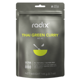 A 144g packet of Radix Ultra 800kCal Meal Thai Green Curry, touted as gluten-free and all-natural. The packaging recommends adding water to prepare this meal, ideal for fueling your vigorous activities with increased energy.