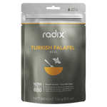 A packet of Radix Ultra 800kCal Meals in gray and yellow, featuring Turkish Falafel from Radix's plant-based, gluten-free ultra meals range. The net weight is 156 grams (5.5 oz). Ready to eat with hot water, it is perfect for boosting energy during vigorous activities.