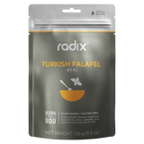 A packet of Radix Ultra 800kCal Meals in gray and yellow, featuring Turkish Falafel from Radix's plant-based, gluten-free ultra meals range. The net weight is 156 grams (5.5 oz). Ready to eat with hot water, it is perfect for boosting energy during vigorous activities.