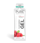 The PURE Fluid Energy Gel Single by Pure Nutrition is a raspberry-flavored natural energy gel, featuring images of raspberries, 30mg caffeine, 50g net weight, carbohydrates, and electrolytes.