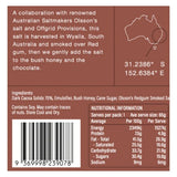Packaging label of renowned Australian saltmakers Offgrid's collaboration with dark chocolate, featuring smoked salt and bush honey, with nutritional information and barcode.