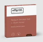 Packaging of Offgrid 70% Dark Chocolate with Redgum Smoked Salt & Bush Honey with 70% cacao content.