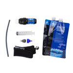 Sawyer Squeeze Water Filtration System by Sawyer shown with filter, pouch, drinking tube, backwashing syringe, adapters, and mesh storage bag on a white background—ideal for portable water filtration.